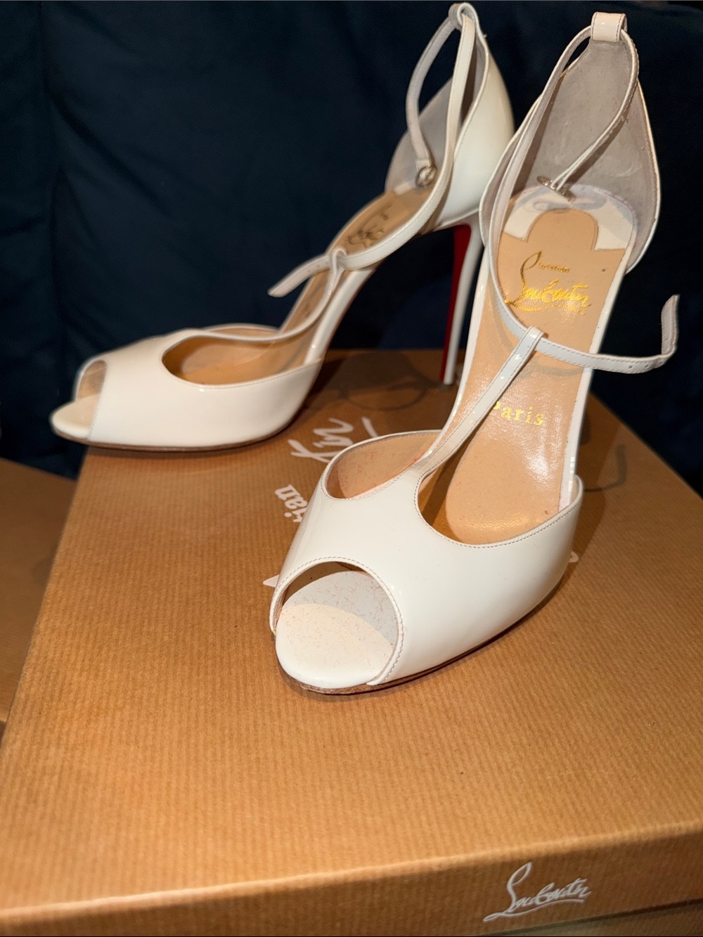 Christian Louboutin Cream Open-Toe T-Strap High Heels